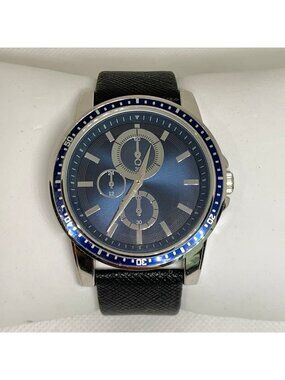 FMD men quartz watch silver blue tone 43mm round case black leather band running